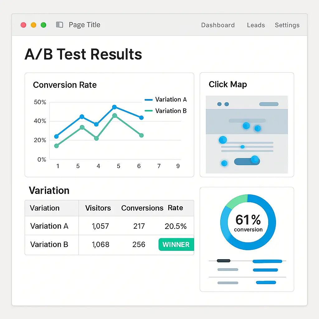 Dashboard displaying A/B test results: a conversion rate line chart, click map, variation performance table, and a 61% conversion donut chart.
