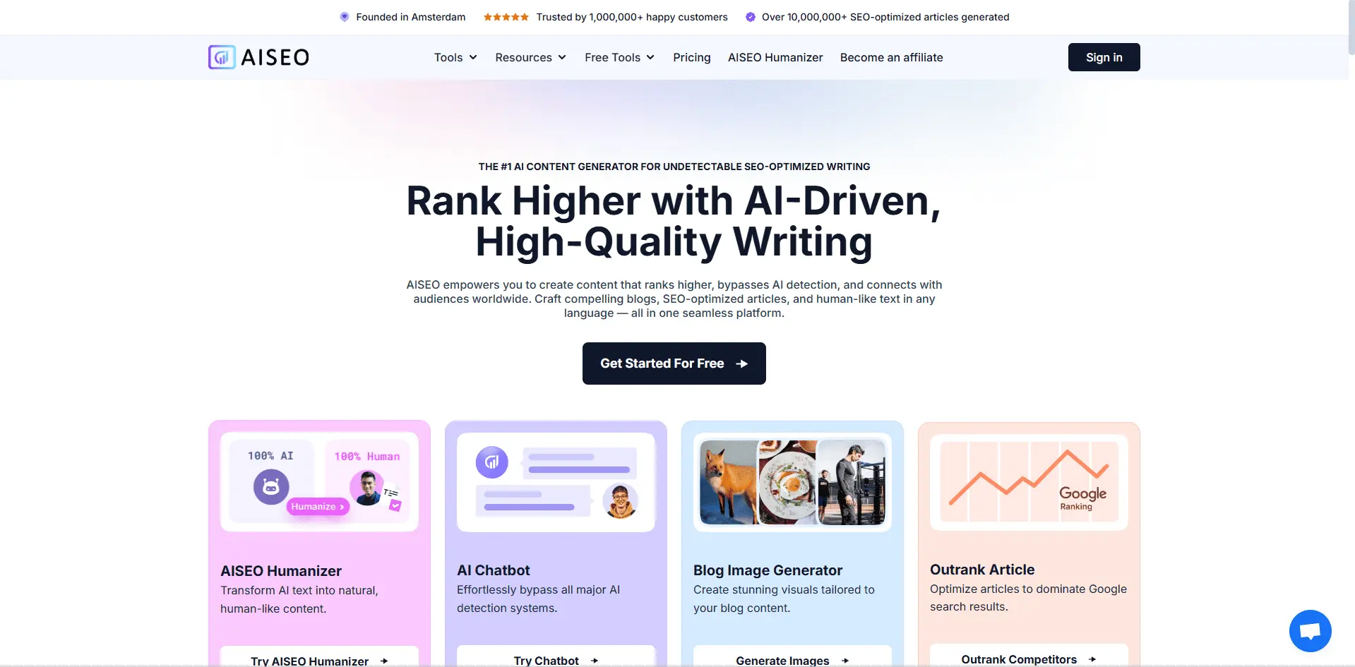 AISEO homepage showcasing its “Rank Higher with AI-Driven, High-Quality Writing” headline alongside cards for features like Humanizer, AI Chatbot, Blog Image Generator, and Outrank Article.