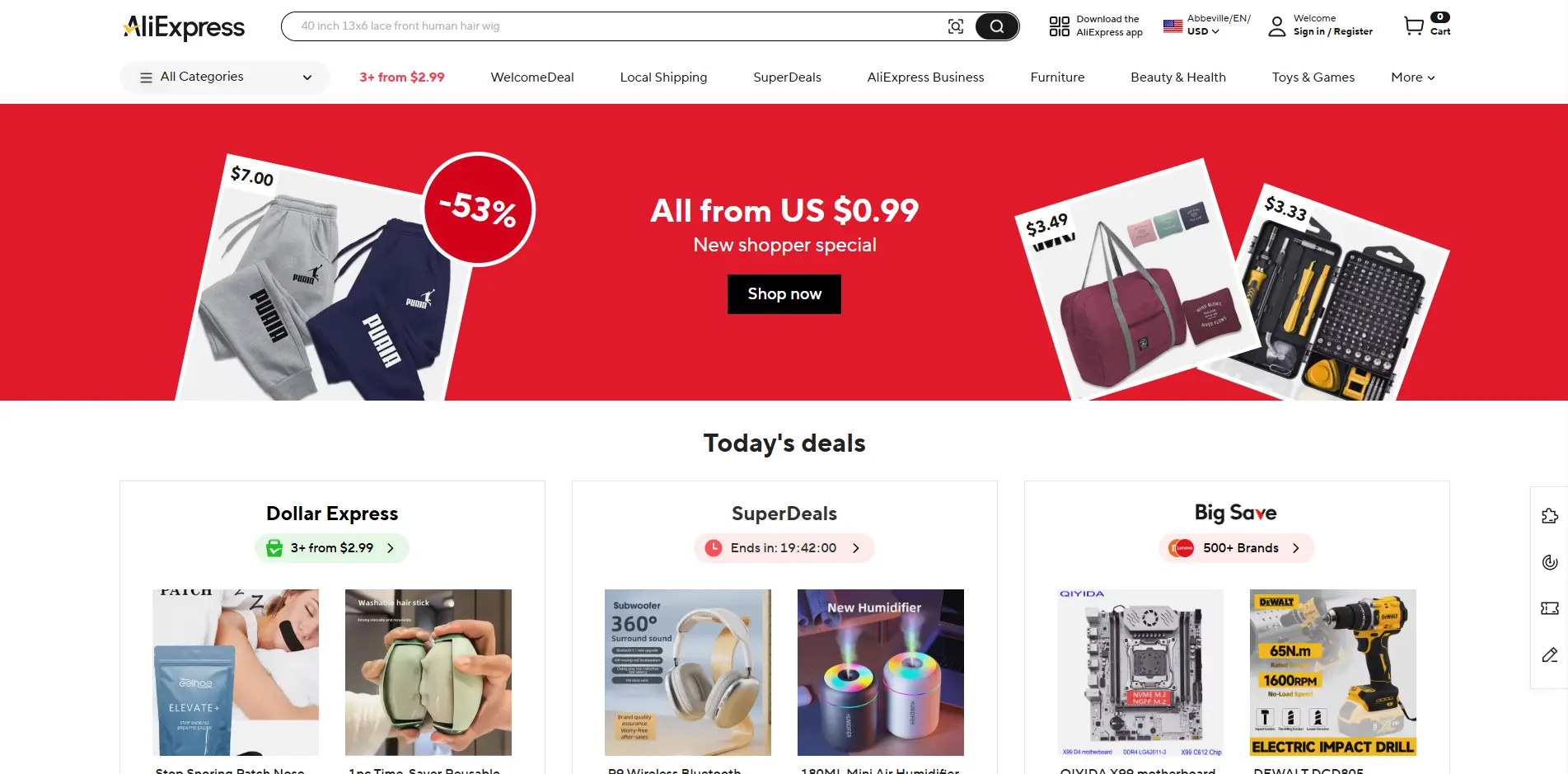 AliExpress homepage with a red banner for $0.99 deals and sections like Dollar Express, SuperDeals, and Big Save.