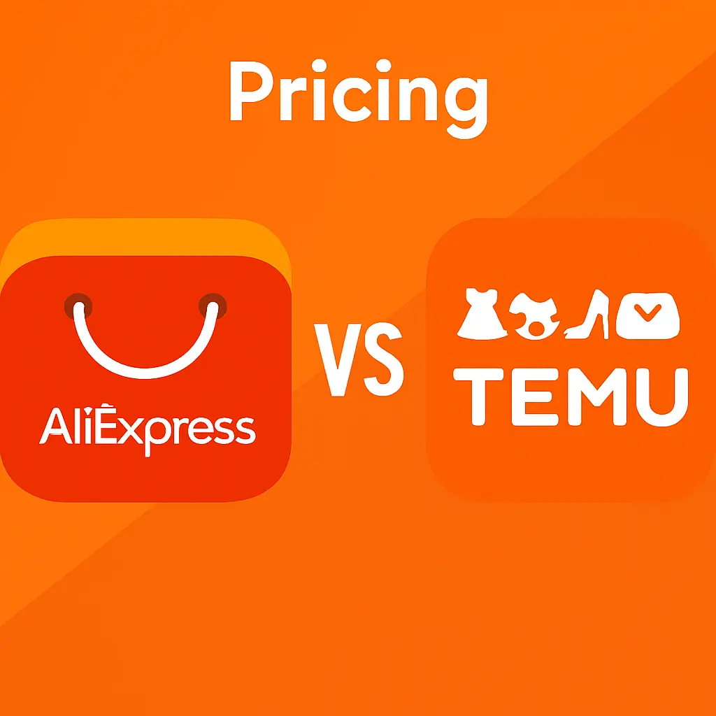 Visual comparison of pricing between AliExpress and Temu, with both app logos displayed side by side under the heading “Pricing” on an orange gradient background.