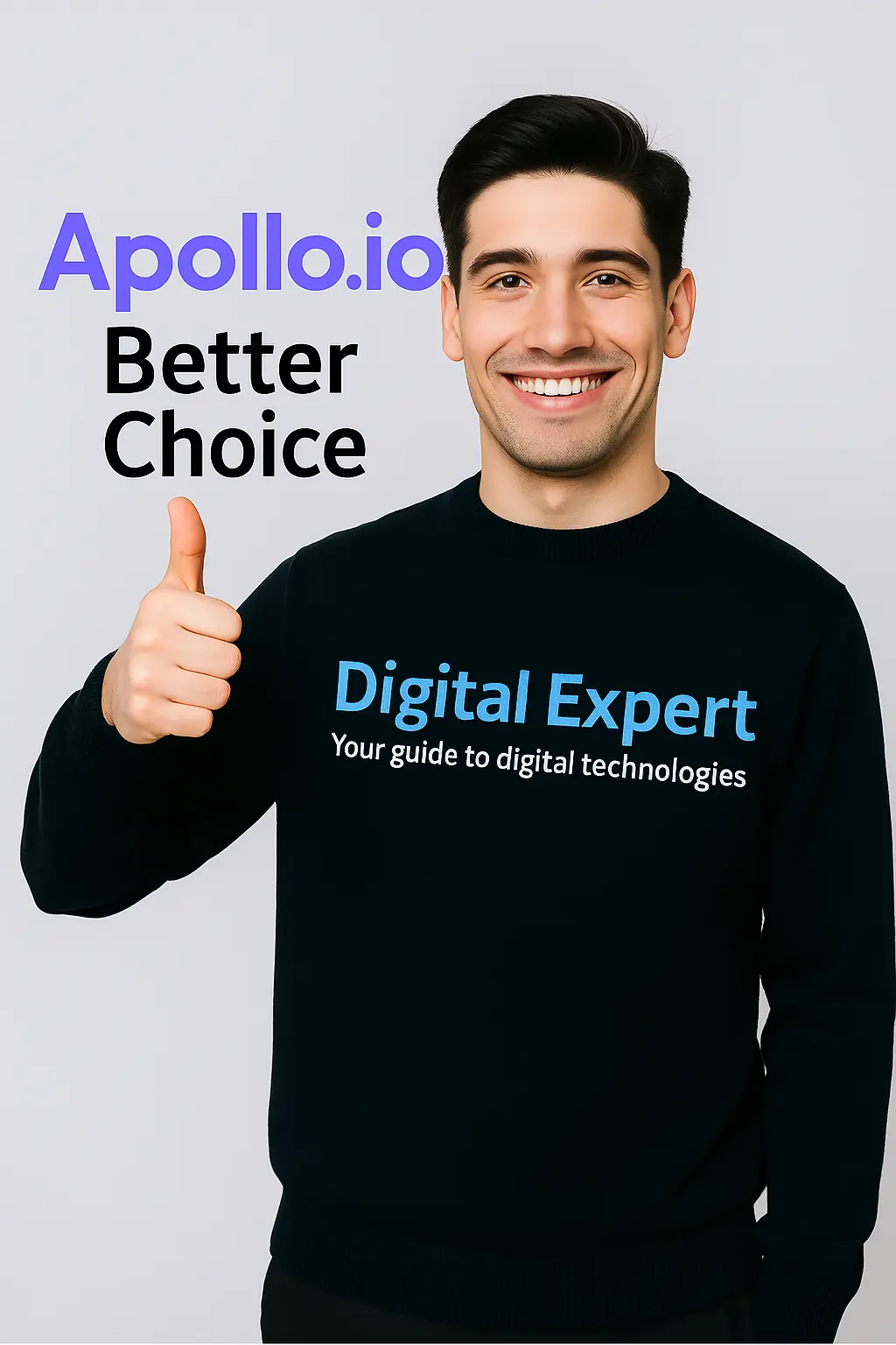 A smiling man in a "Digital Expert" sweater gives a thumbs up, with the text "Apollo.io Better Choice" displayed, promoting Apollo.io as a top digital sales platform.