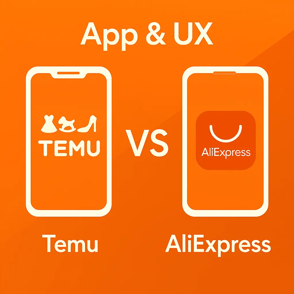Temu vs AliExpress app and UX comparison with logos inside phone icons on an orange background.