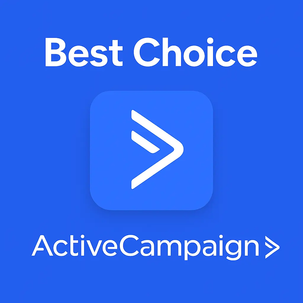 Best Choice badge highlighting ActiveCampaign with logo on blue background.
