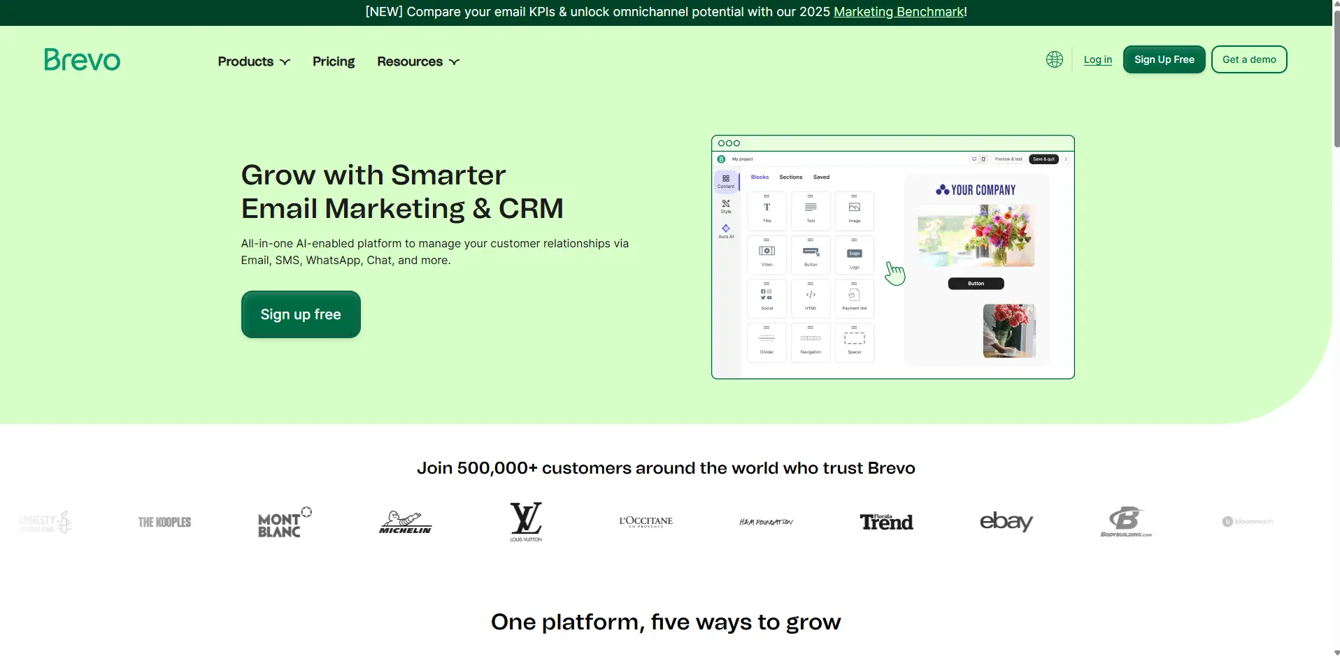 Brevo homepage promoting AI-powered email marketing and CRM tools, with a visual editor preview and a “Sign up free” button.