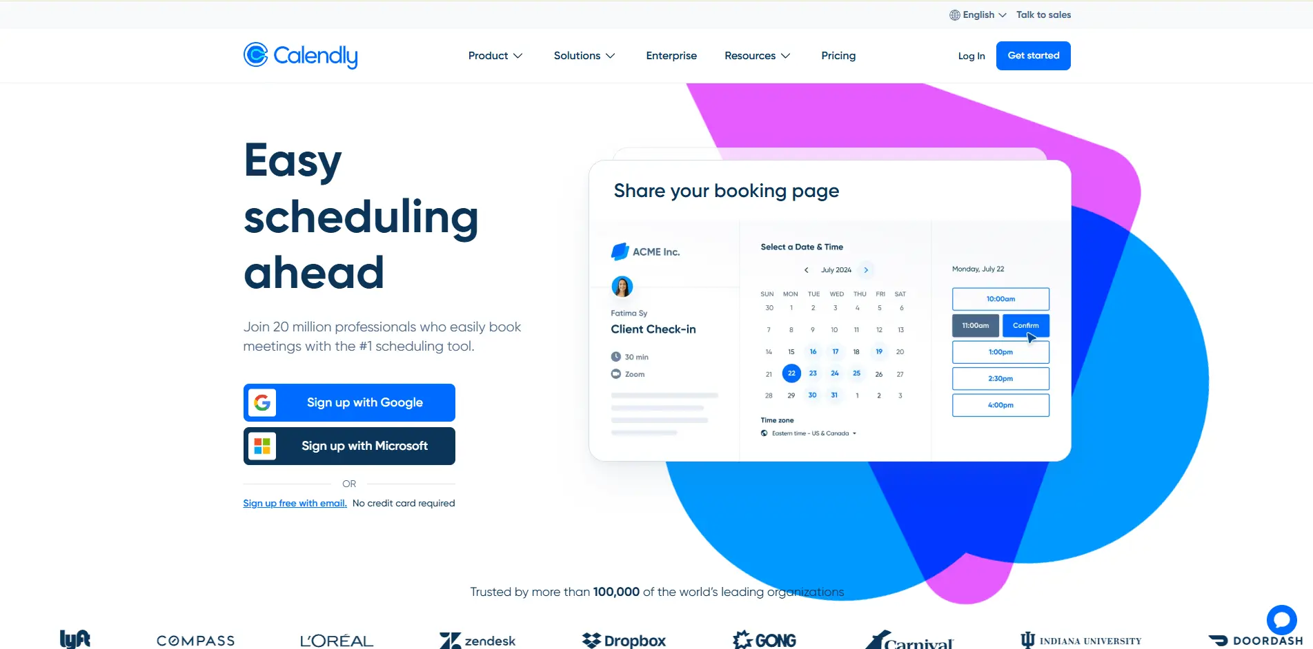 Calendly homepage with “Easy scheduling ahead” headline, sign-up buttons, and a booking page preview.