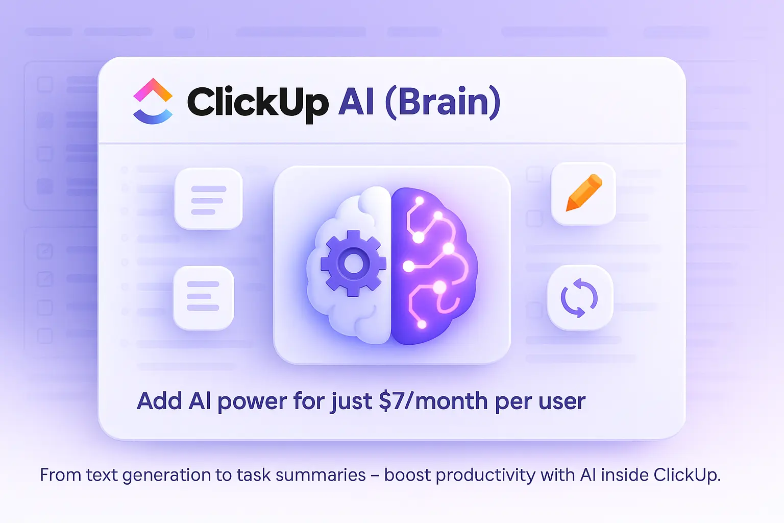 ClickUp AI (Brain) plan visual showing a half-mechanical, half-digital brain icon with productivity symbols, promoting AI features at $7/month per user.