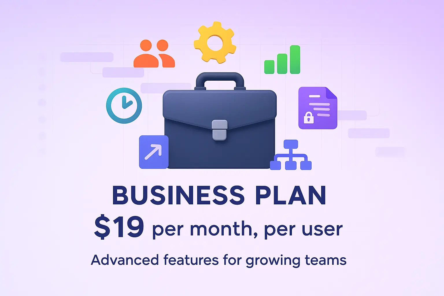 ClickUp Business plan graphic showing a briefcase and icons with $19/month price and features for growing teams.