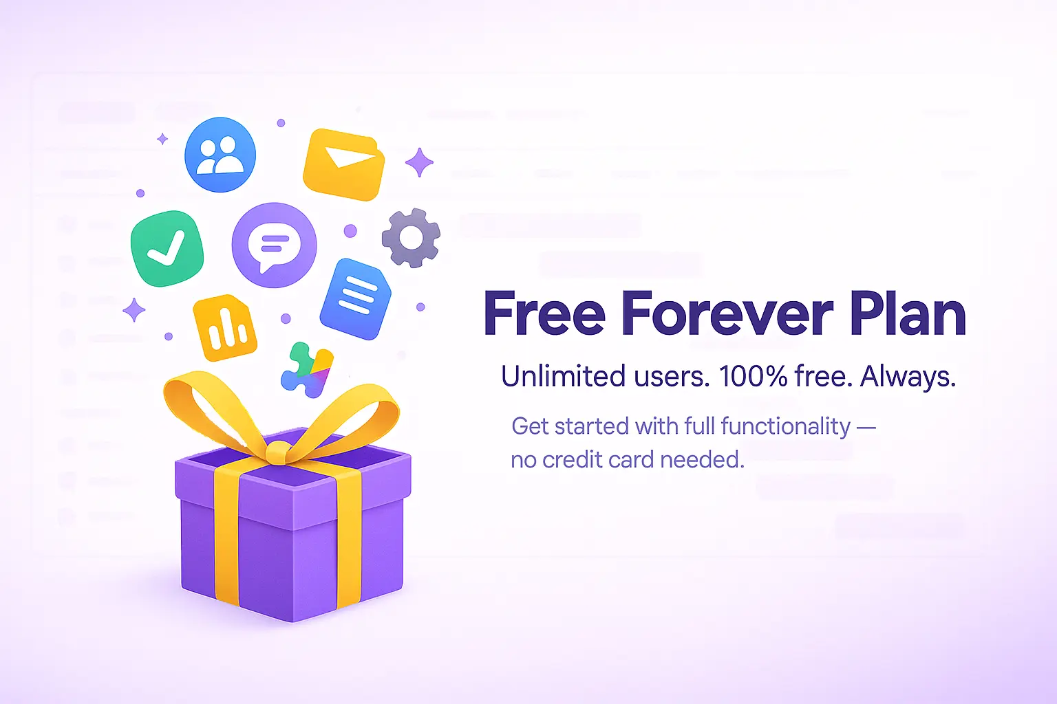 Illustration of ClickUp's Free Forever Plan with a purple gift box and floating productivity icons, highlighting unlimited users and full functionality at no cost.