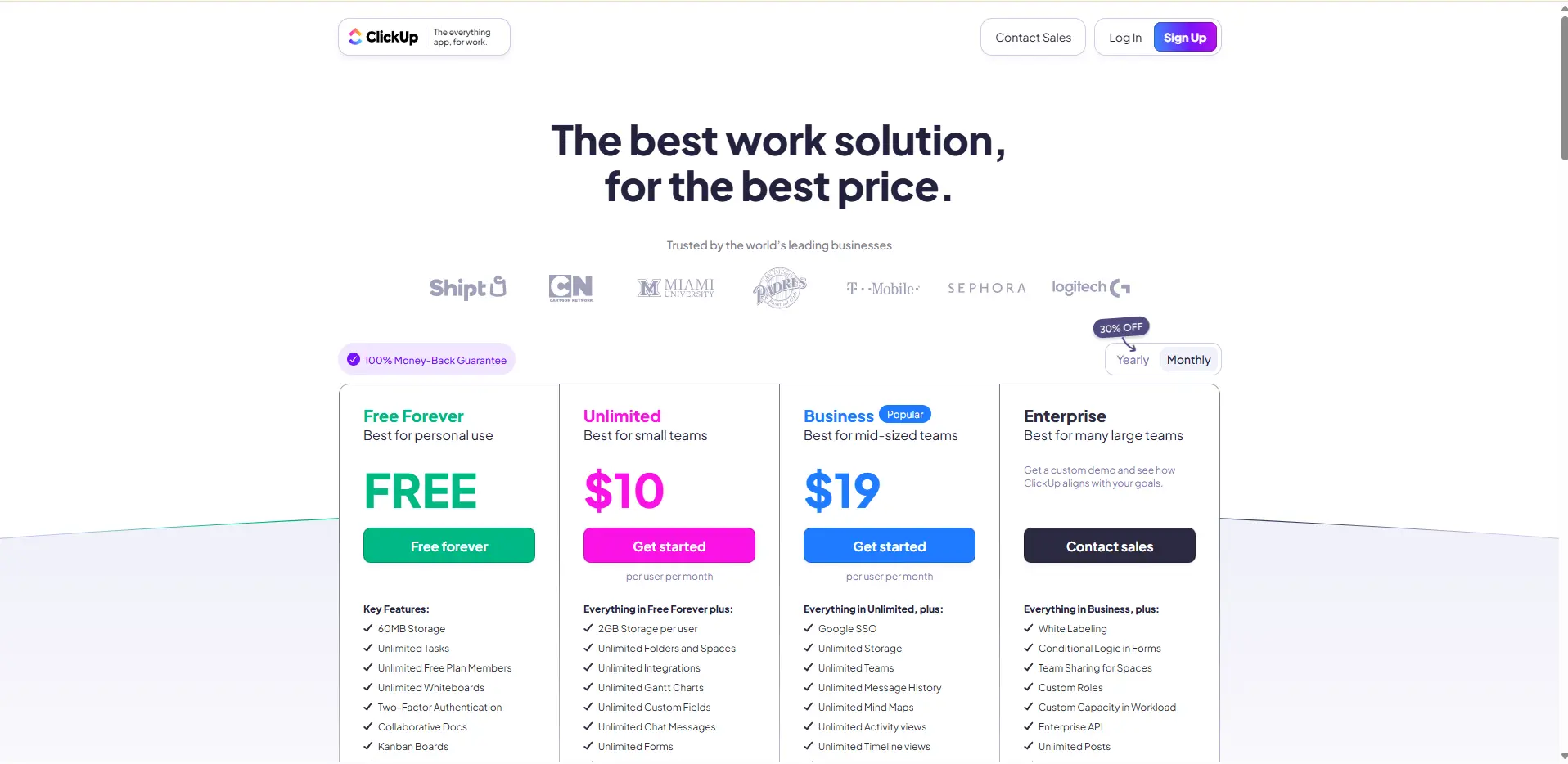 ClickUp pricing table showing Free, Unlimited ($10), Business ($19), and Enterprise plans with feature comparisons for different team sizes.