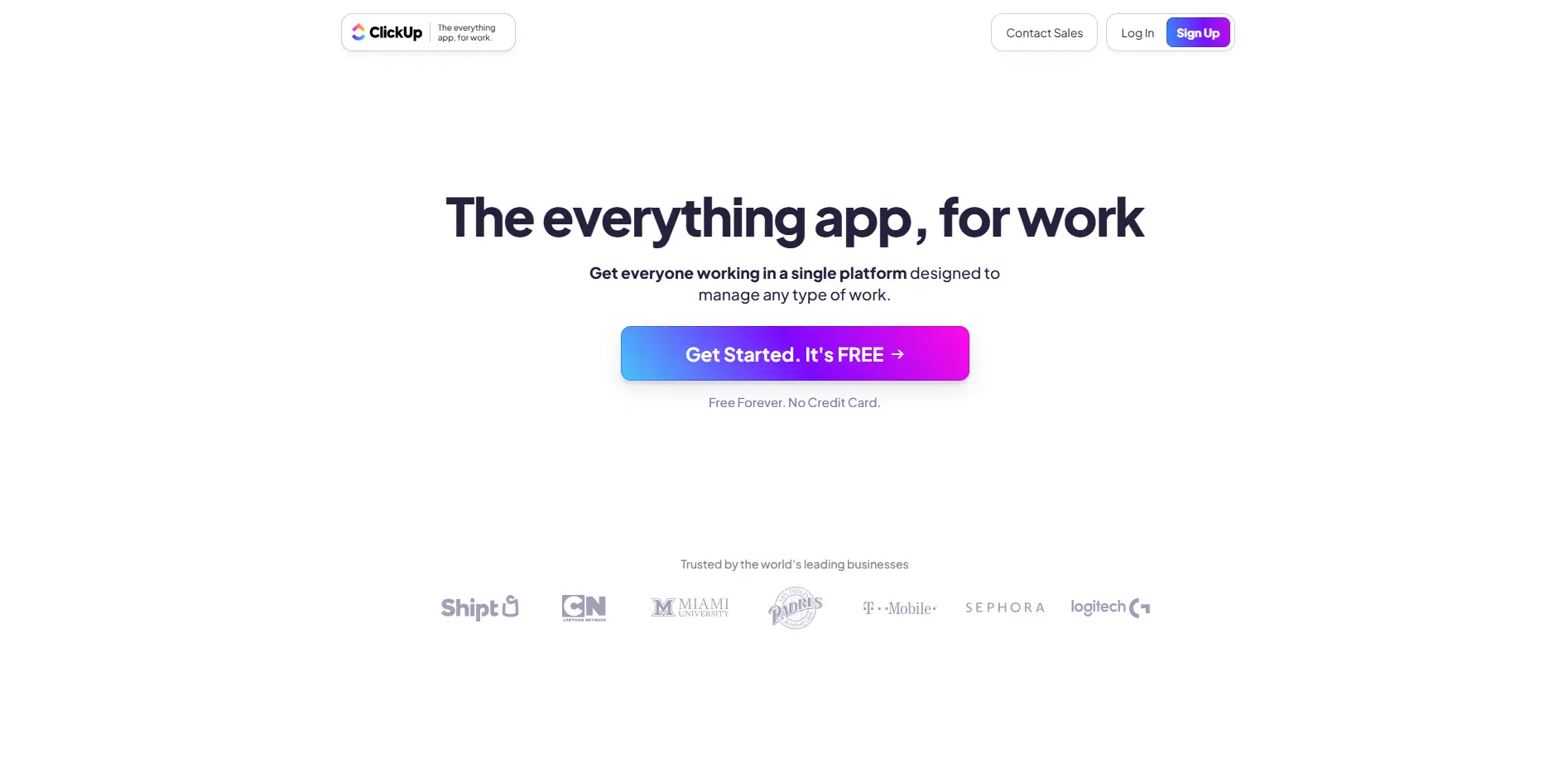 ClickUp homepage promoting itself as “The everything app for work” with a large call-to-action button and logos of well-known companies like T-Mobile and Logitech.