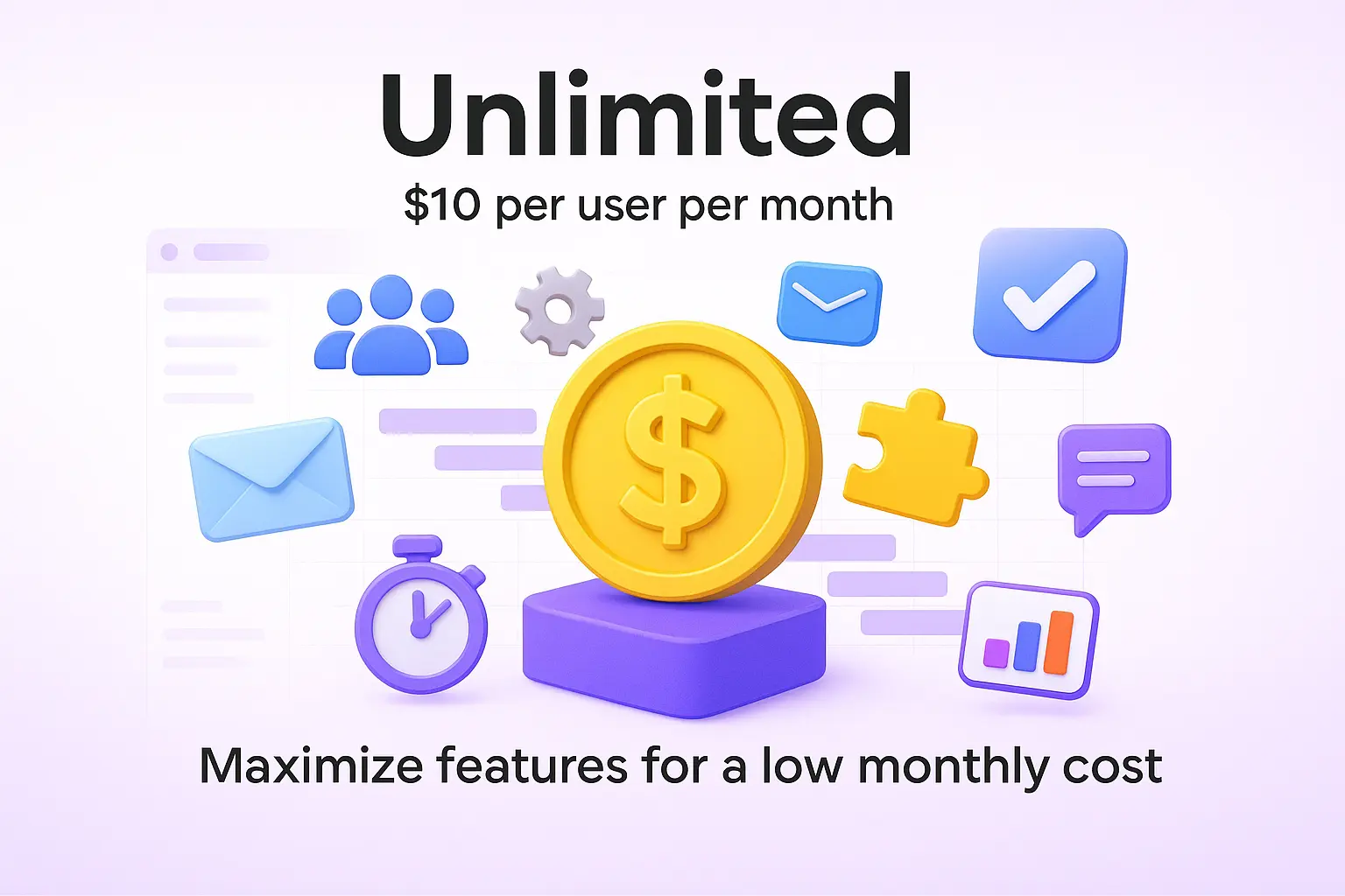 ClickUp Unlimited plan with icons and $10/month price on a purple background.