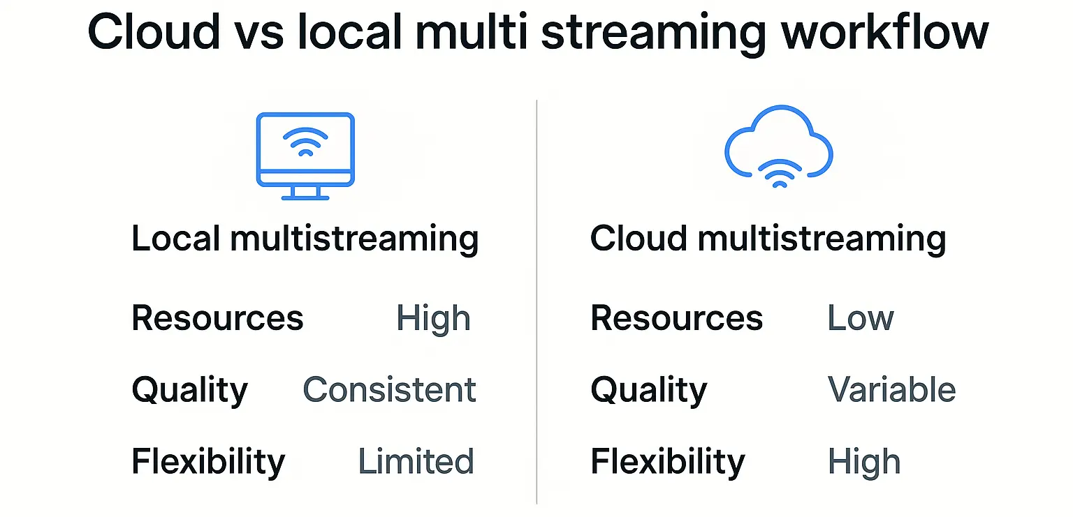 Infographic comparing local vs cloud multistreaming: local requires high resources and offers consistent quality; cloud uses low resources with high flexibility.
