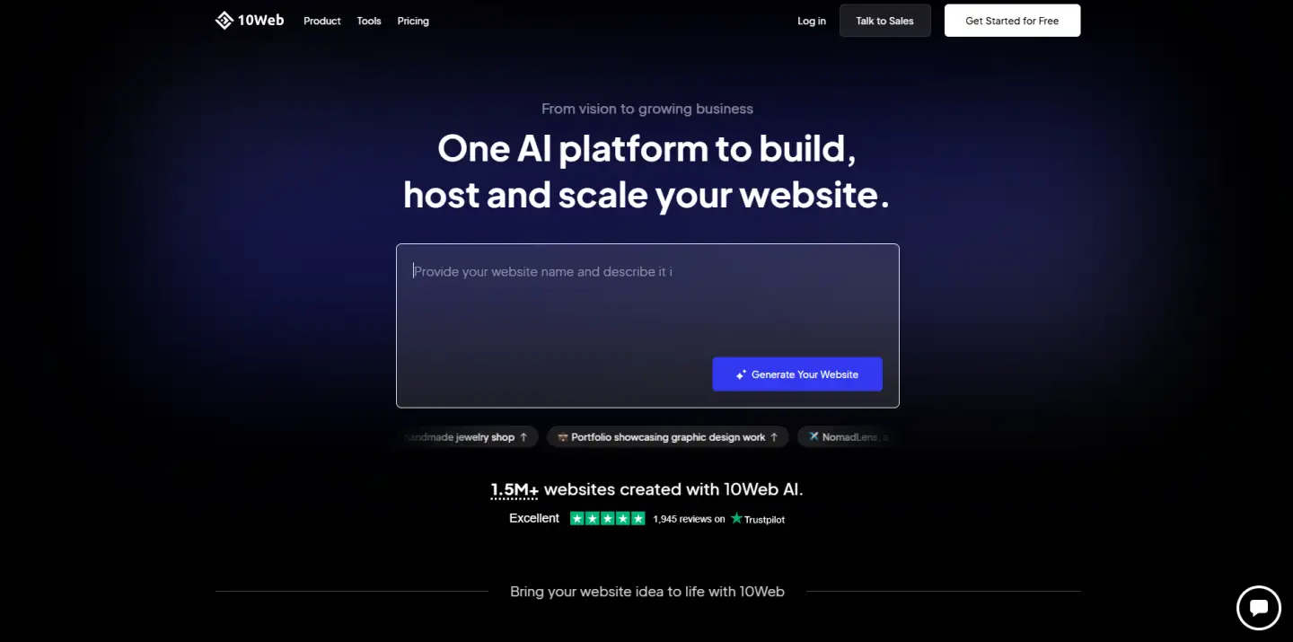 This is a screenshot that shows the interface of 10web. You can see the available templates and the editor it offers.