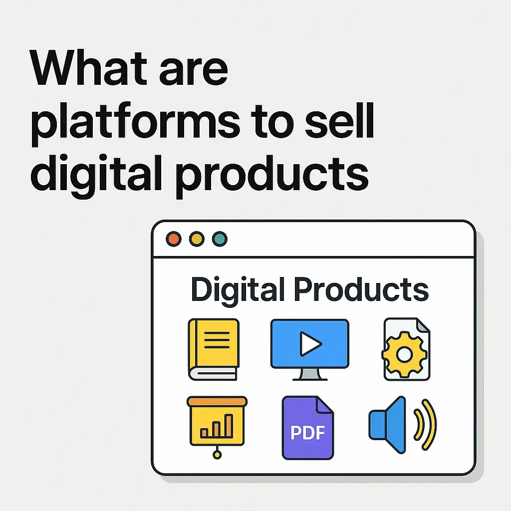 Illustration of a browser window with icons for ebooks, videos, PDFs, and software representing common digital products sold online