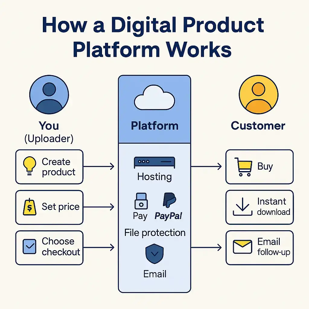 Diagram showing the process of selling digital products: creator uploads, platform manages hosting and checkout, customer downloads instantly