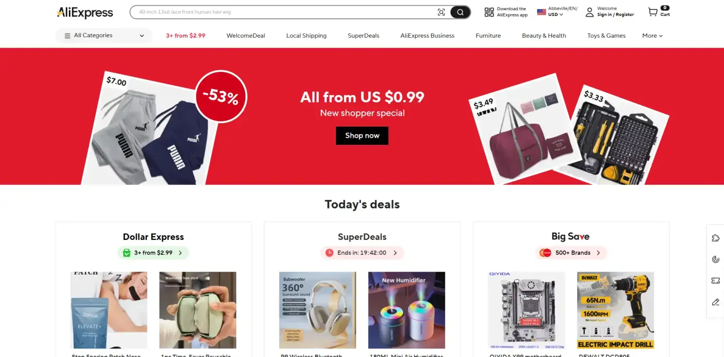 AliExpress homepage with a red banner for $0.99 deals and sections like Dollar Express, SuperDeals, and Big Save.