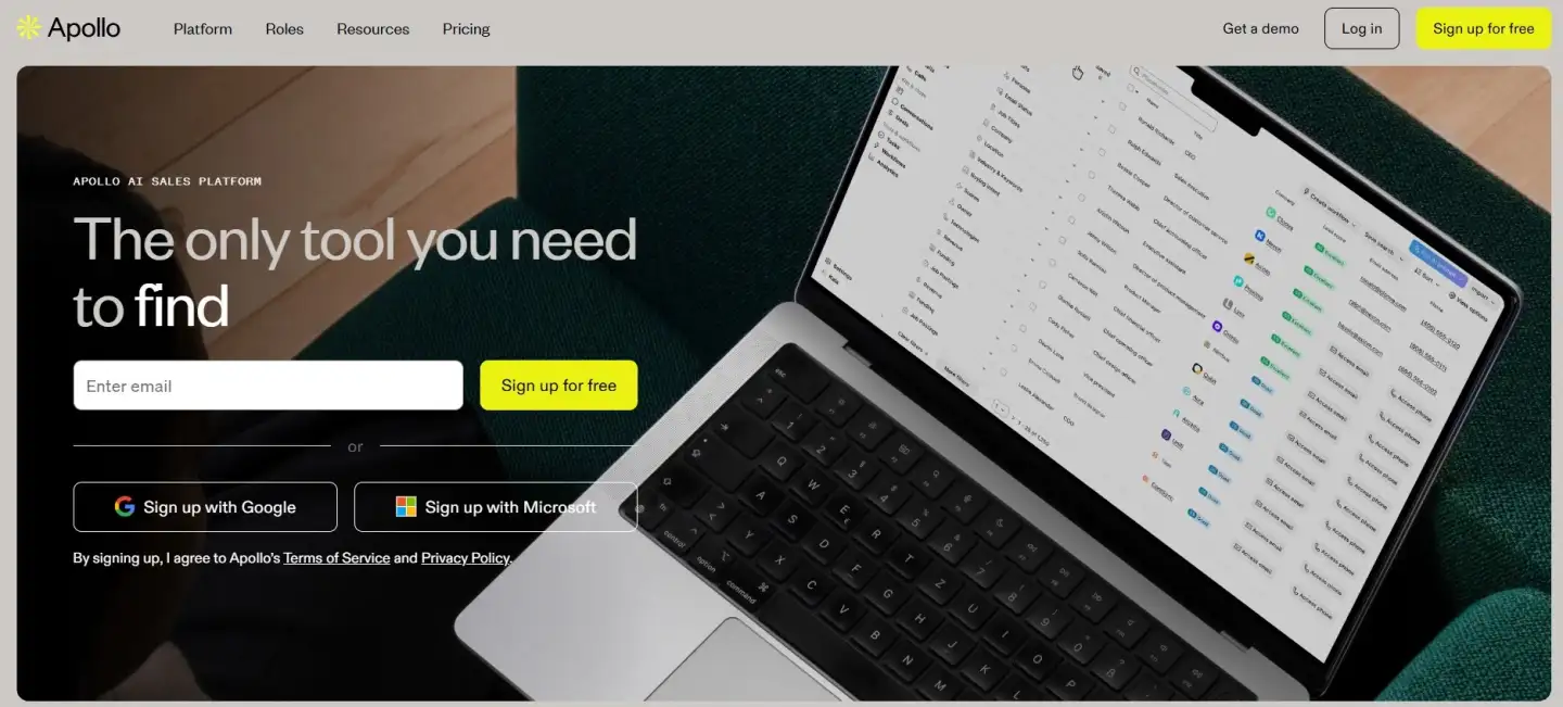 Screenshot of Apollo.io homepage showcasing sales intelligence and engagement platform