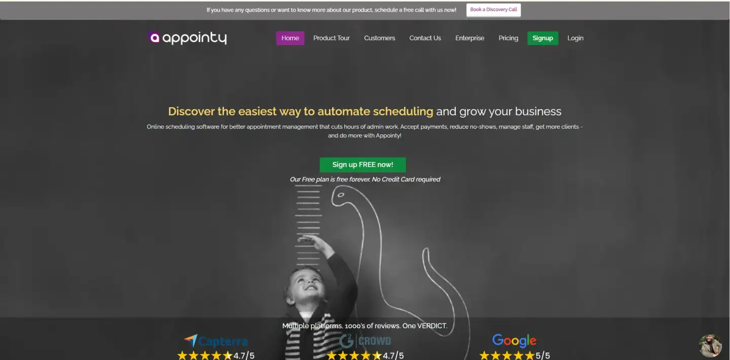 Appointy homepage promoting online scheduling software with signup button and customer review ratings.