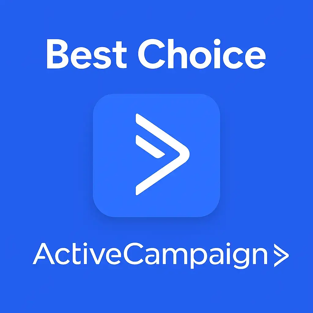 Best Choice badge highlighting ActiveCampaign with logo on blue background.