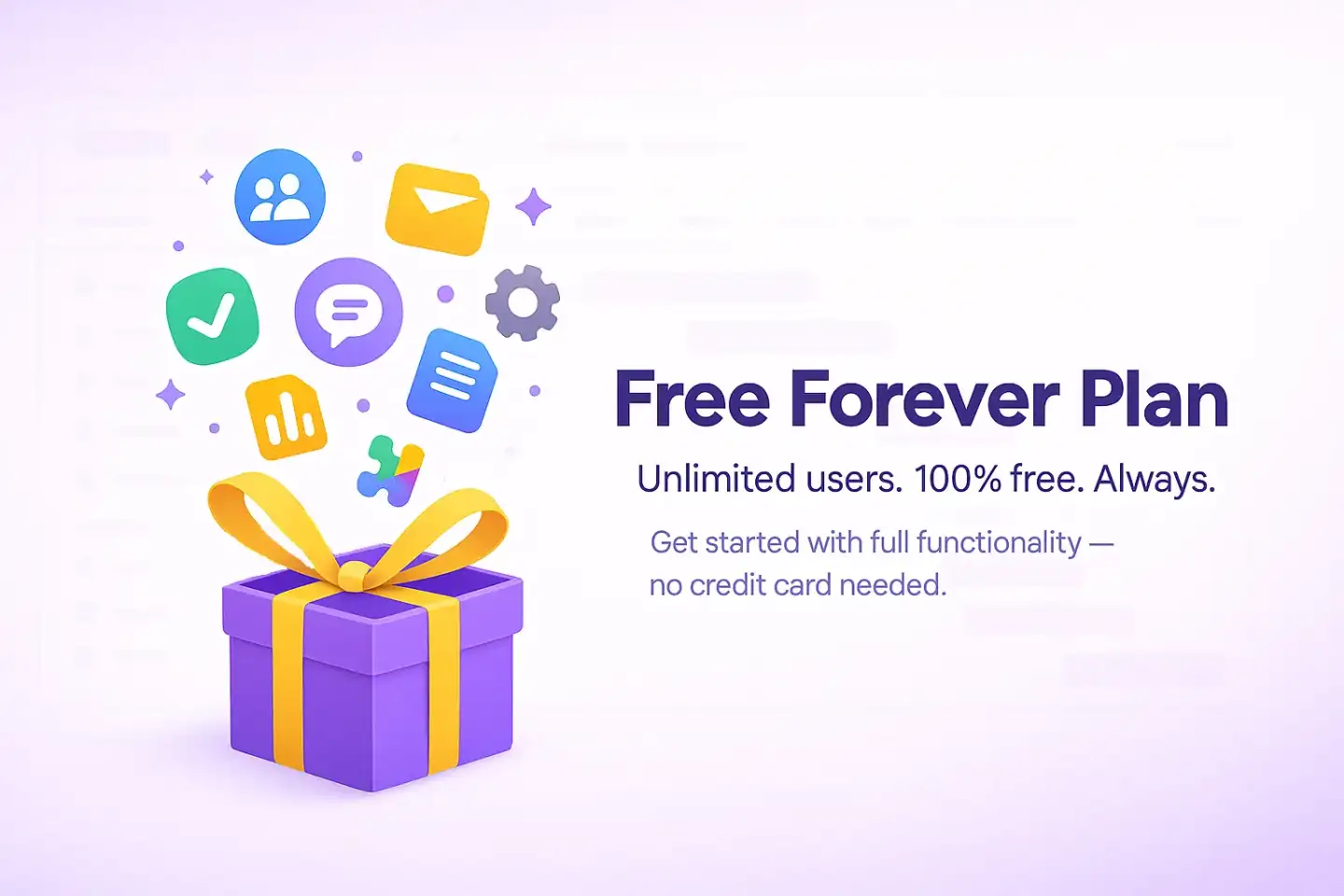 Illustration of ClickUp's Free Forever Plan with a purple gift box and floating productivity icons, highlighting unlimited users and full functionality at no cost.