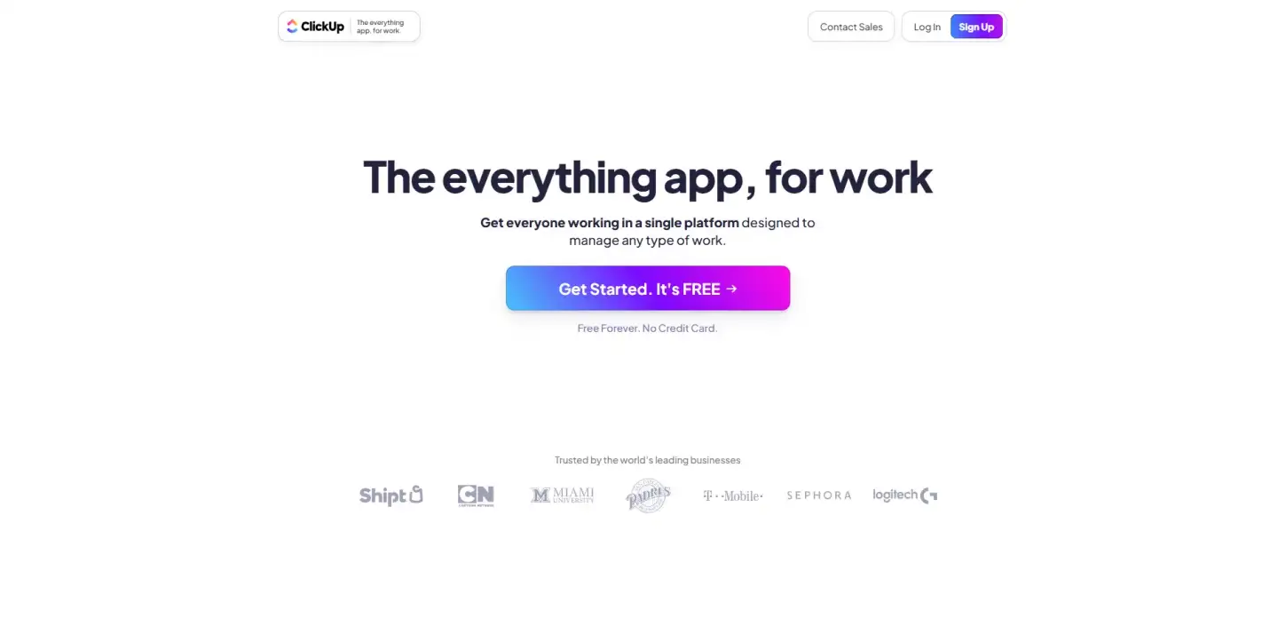 ClickUp homepage promoting itself as “The everything app for work” with a large call-to-action button and logos of well-known companies like T-Mobile and Logitech.