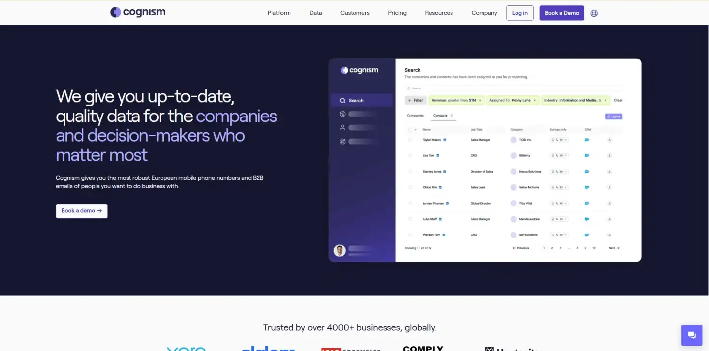 Cognism homepage with headline about up-to-date data, ‘Book a demo’ button, and a sidebar showing the search interface with contact listings.