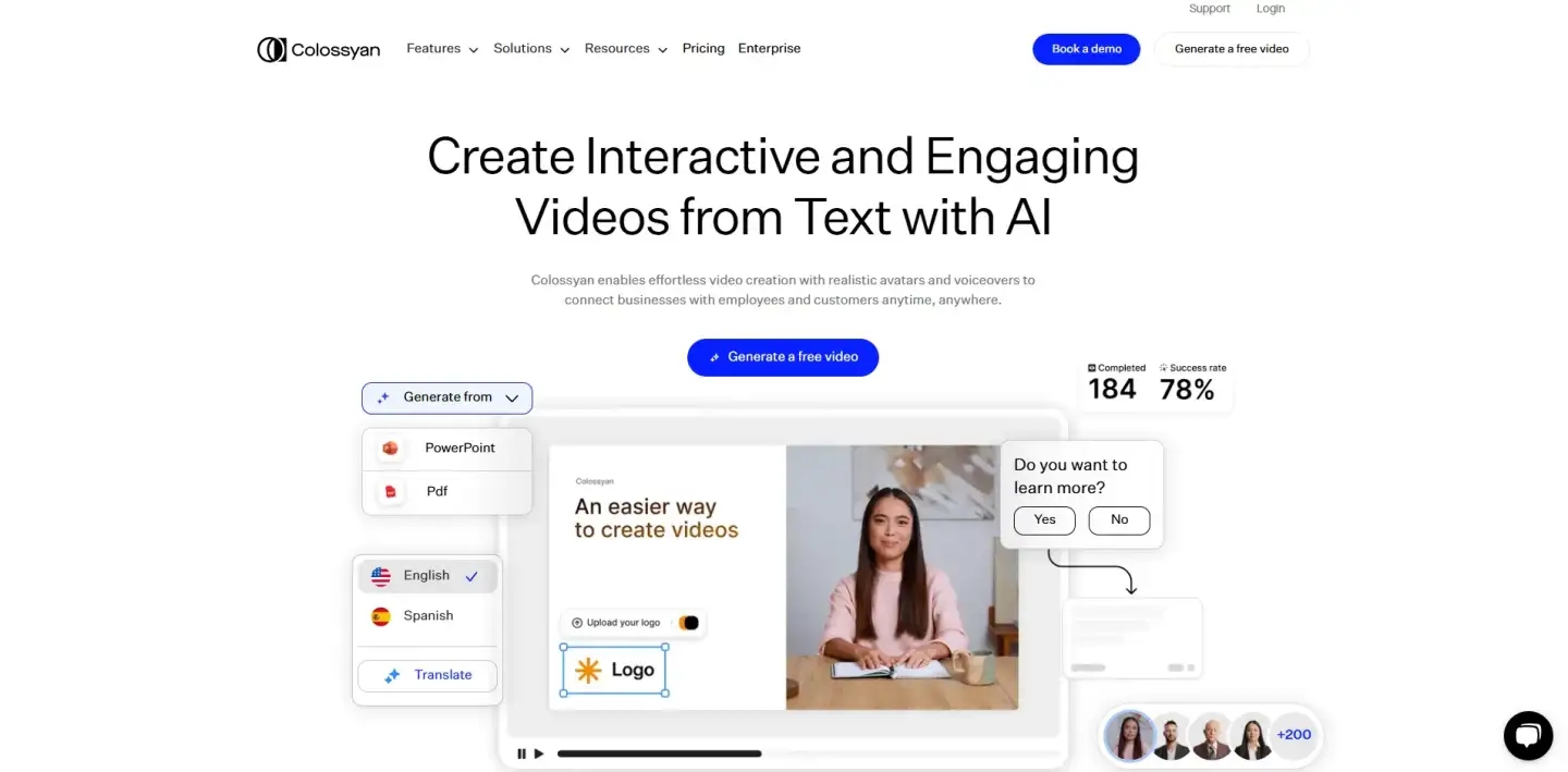 A clean AI video creation page with a realistic avatar presenter and options to generate videos from text in multiple languages.