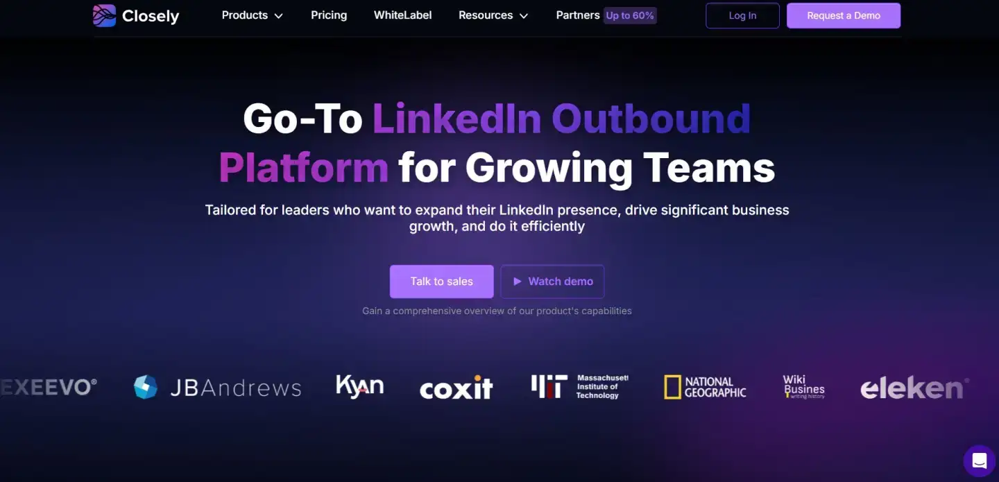 Screenshot of CloselyHQ homepage highlighting LinkedIn automation and sales engagement tool
