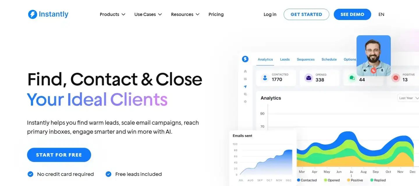 Screenshot of Instantly homepage featuring cold email outreach automation software