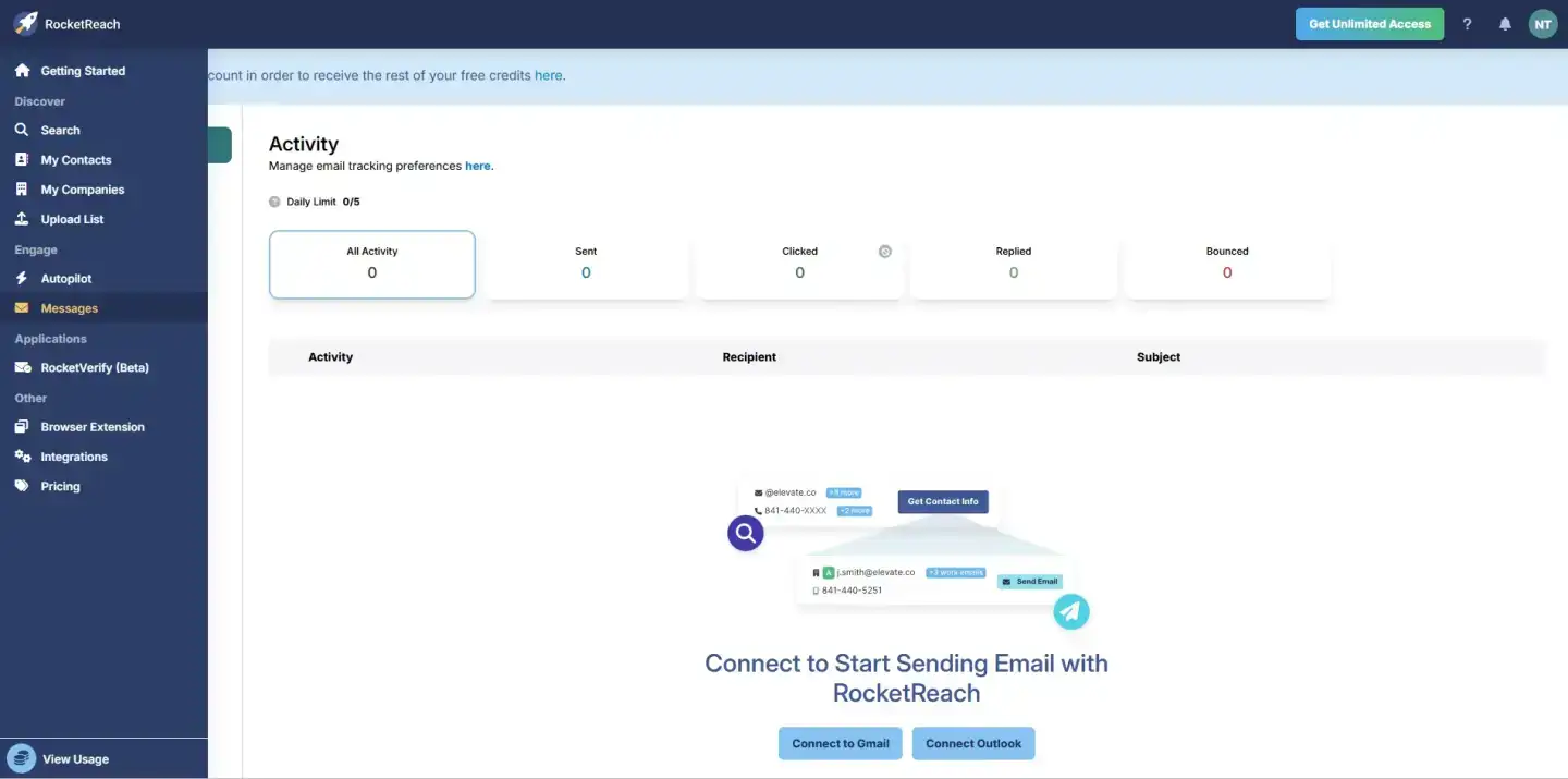 Screenshot of RocketReach homepage displaying professional contact search and business data platform
