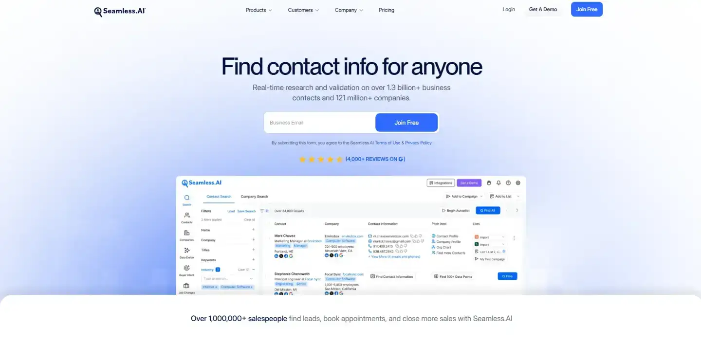 Screenshot of Seamless.ai homepage showing AI-powered sales prospecting and lead generation platform