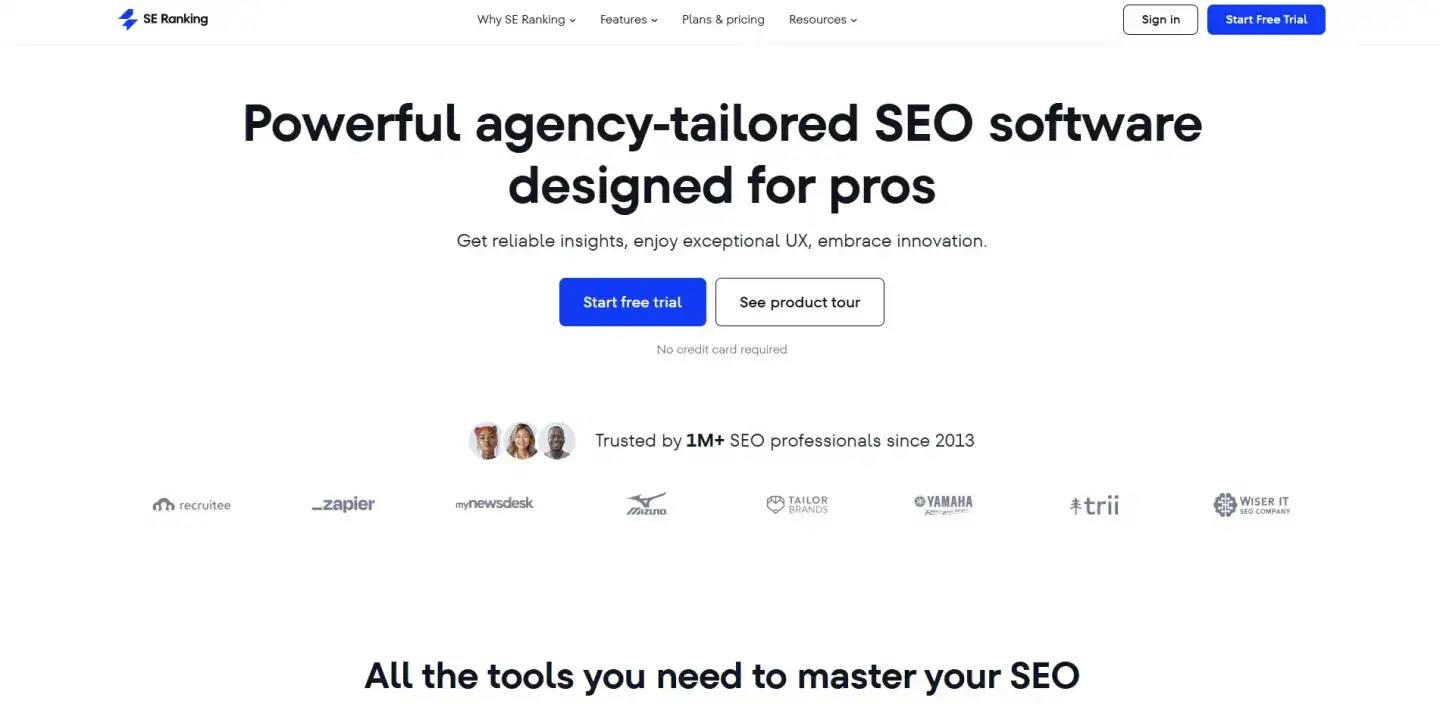 SE Ranking homepage showcasing its agency-focused SEO software with a free trial option and trusted by over 1 million professionals.