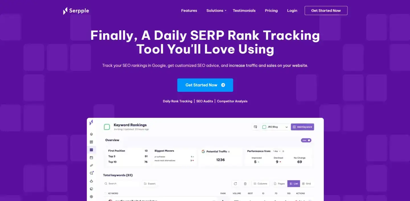 Serpple homepage promoting its daily SERP rank tracking tool with SEO audits and competitor analysis features.