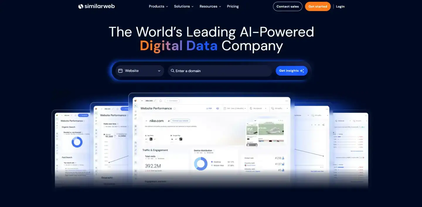 Similarweb homepage highlighting its AI-powered digital data platform with website performance analytics and domain insights.