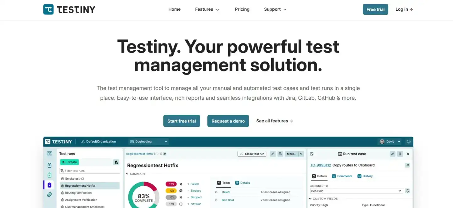 Screenshot of Testiny test management interface (web app) with test case folders and details.