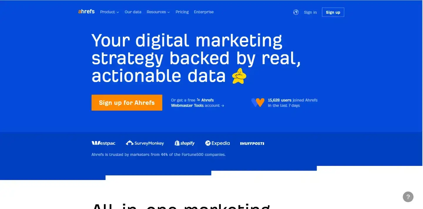 Ahrefs homepage banner promoting digital marketing strategy with actionable data and a sign-up call to action.