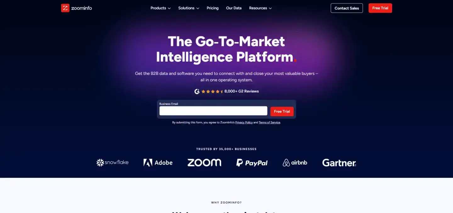 Screenshot of ZoomInfo homepage showing business intelligence and B2B contact database solution