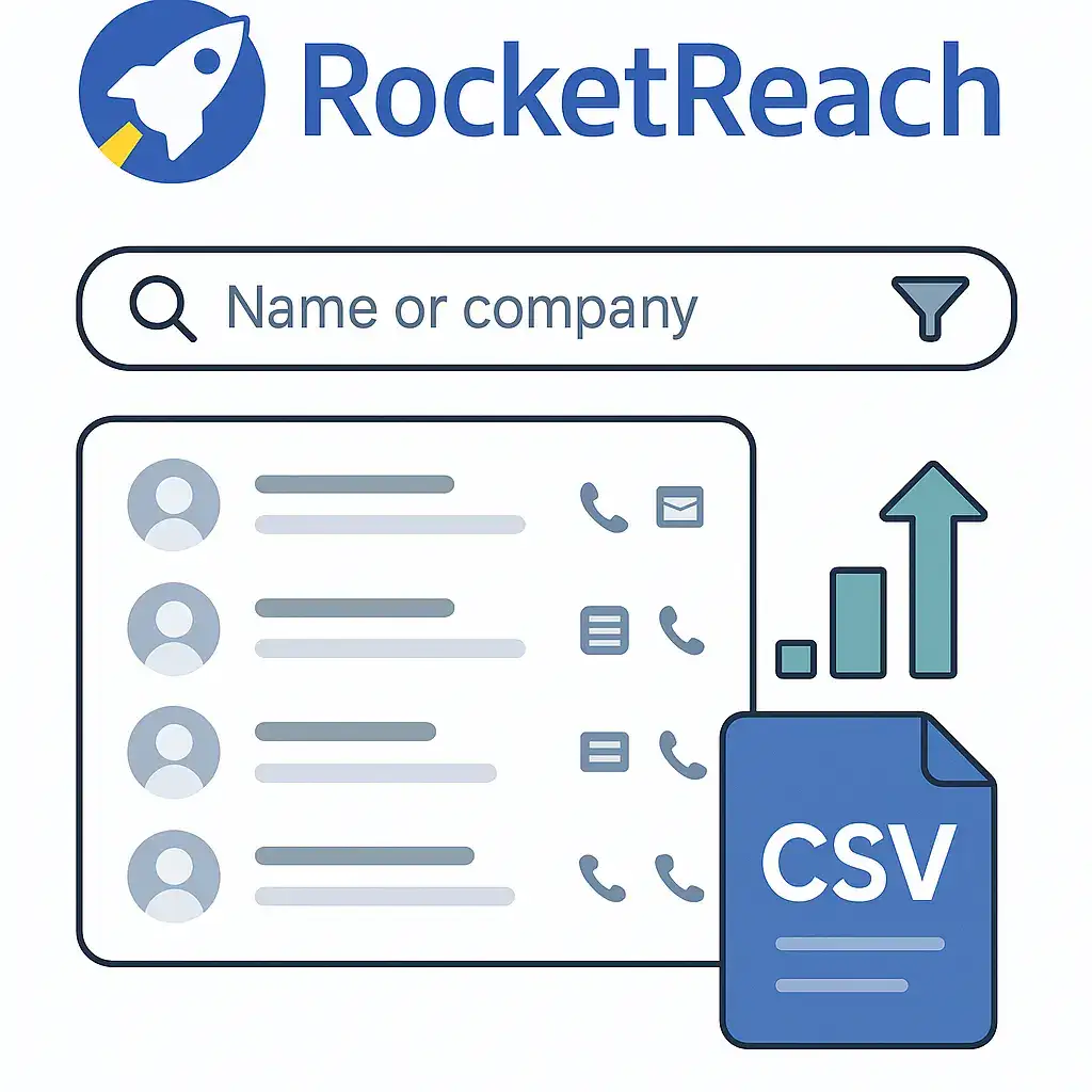 RocketReach interface illustration showing a contact search bar, profile list, and CSV file upload icon. Highlights data filtering, contact enrichment, and lead list growth.