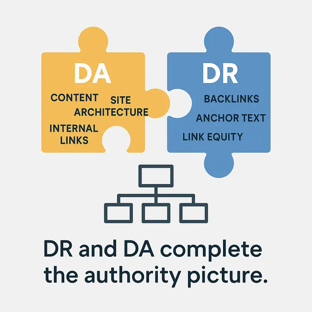 DA and DR puzzle showing key SEO factors like content and backlinks.