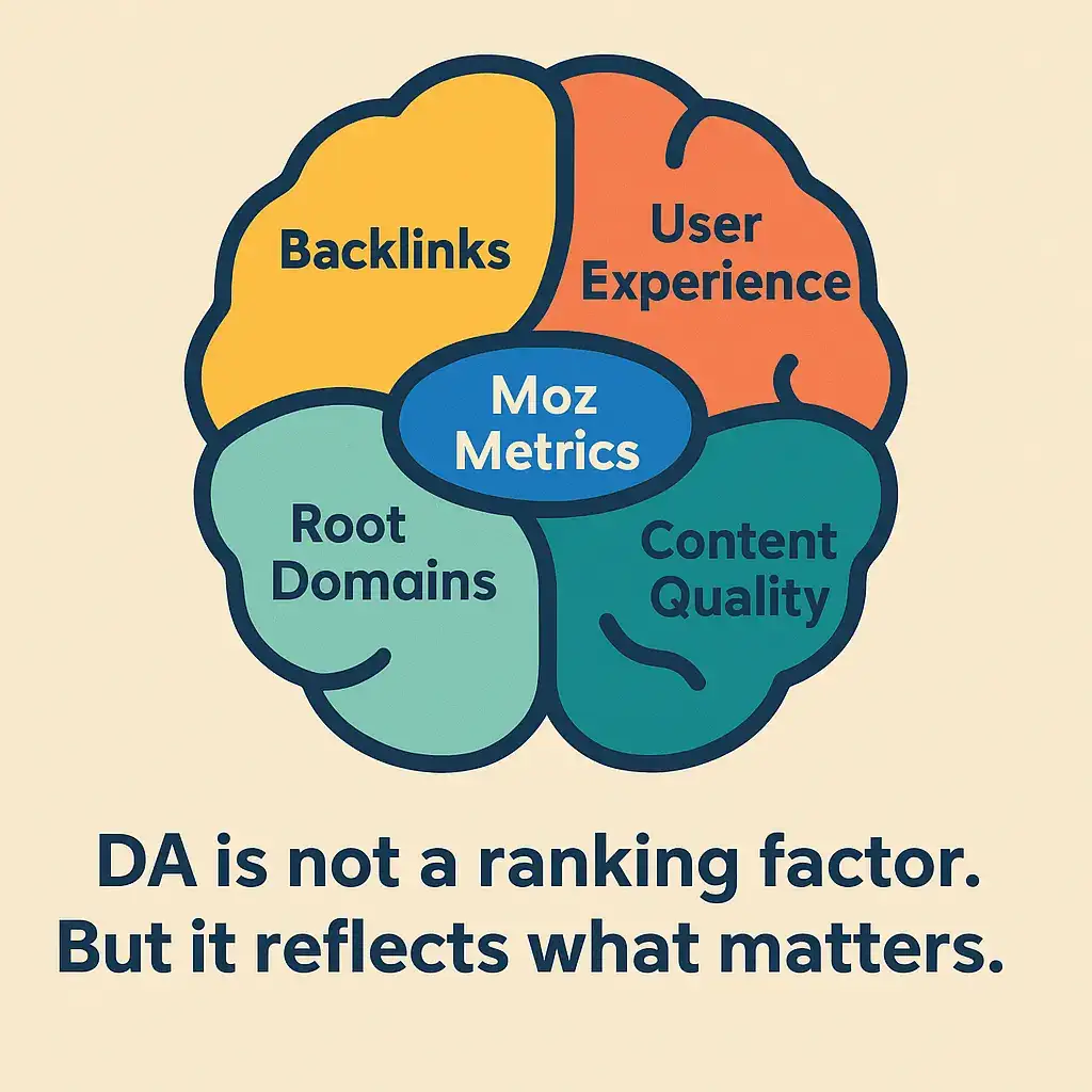 Moz Metrics brain chart showing DA factors: backlinks, root domains, content, user experience