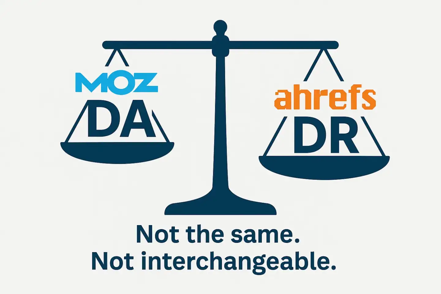 Visual comparison of Moz DA and Ahrefs DR on a scale with the caption 'Not the same. Not interchangeable.