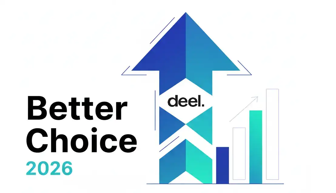 A stylized illustration of a strong, flexing arm with the Deel logo prominently displayed on the bicep, alongside the text 'Better Choice 2026' in a dynamic, futuristic setting with glowing circular patterns.