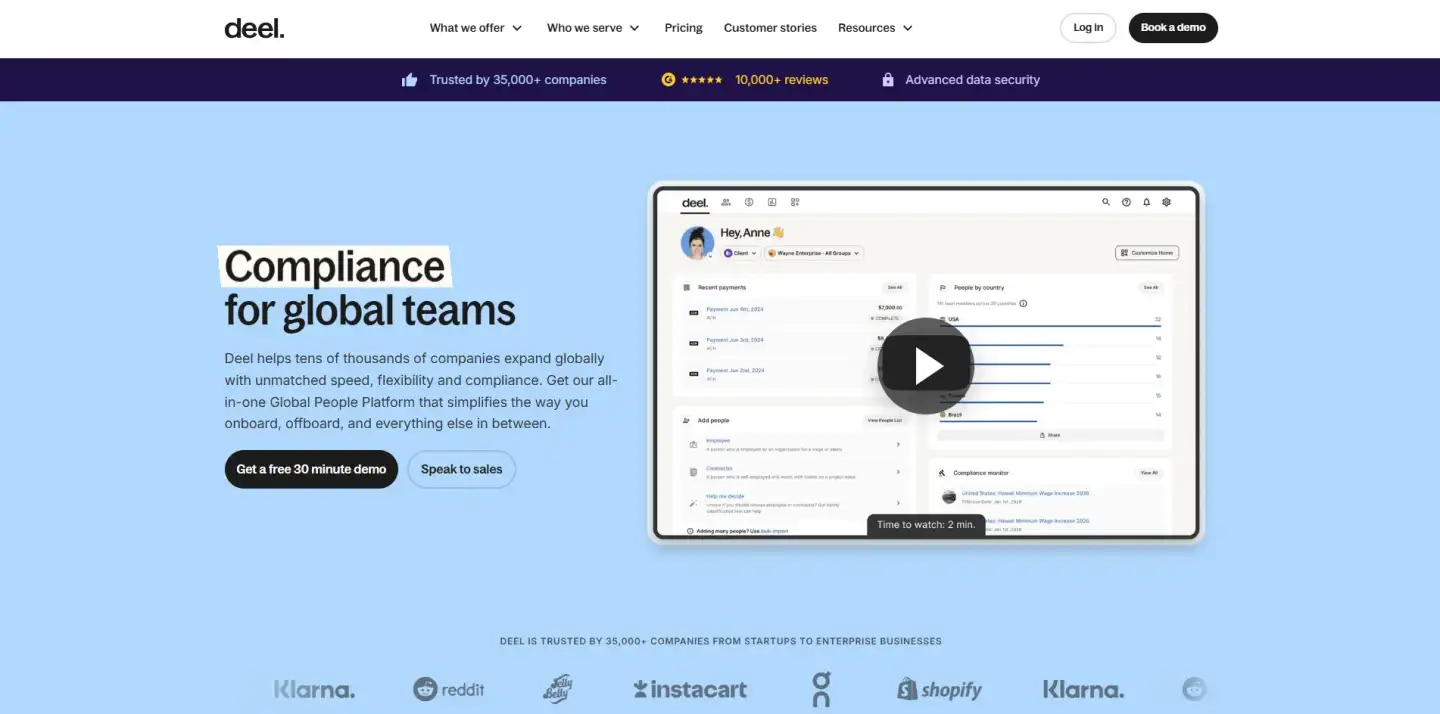Deel homepage showing global team compliance platform with dashboard and demo buttons.