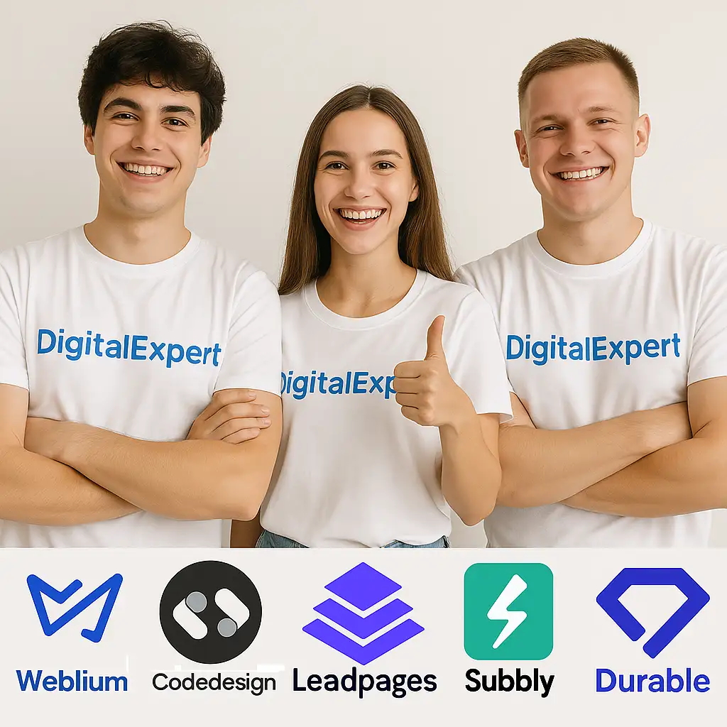 Here are the tools Digital Expert recommends for you: Weblium, Codedesign, Leadpages, Subbly, and Durable.