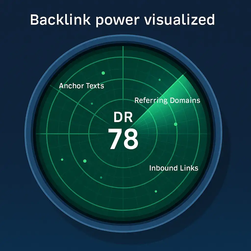 Radar-style DR 78 graphic showing anchor texts, referring domains, and inbound links.