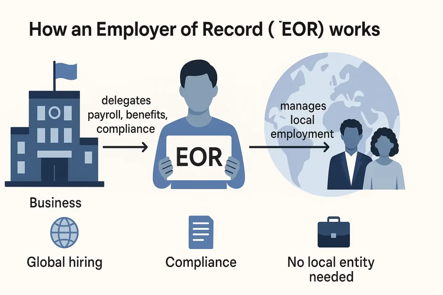 Flat vector infographic showing how an Employer of Record manages global payroll, compliance, and hiring on behalf of a business.