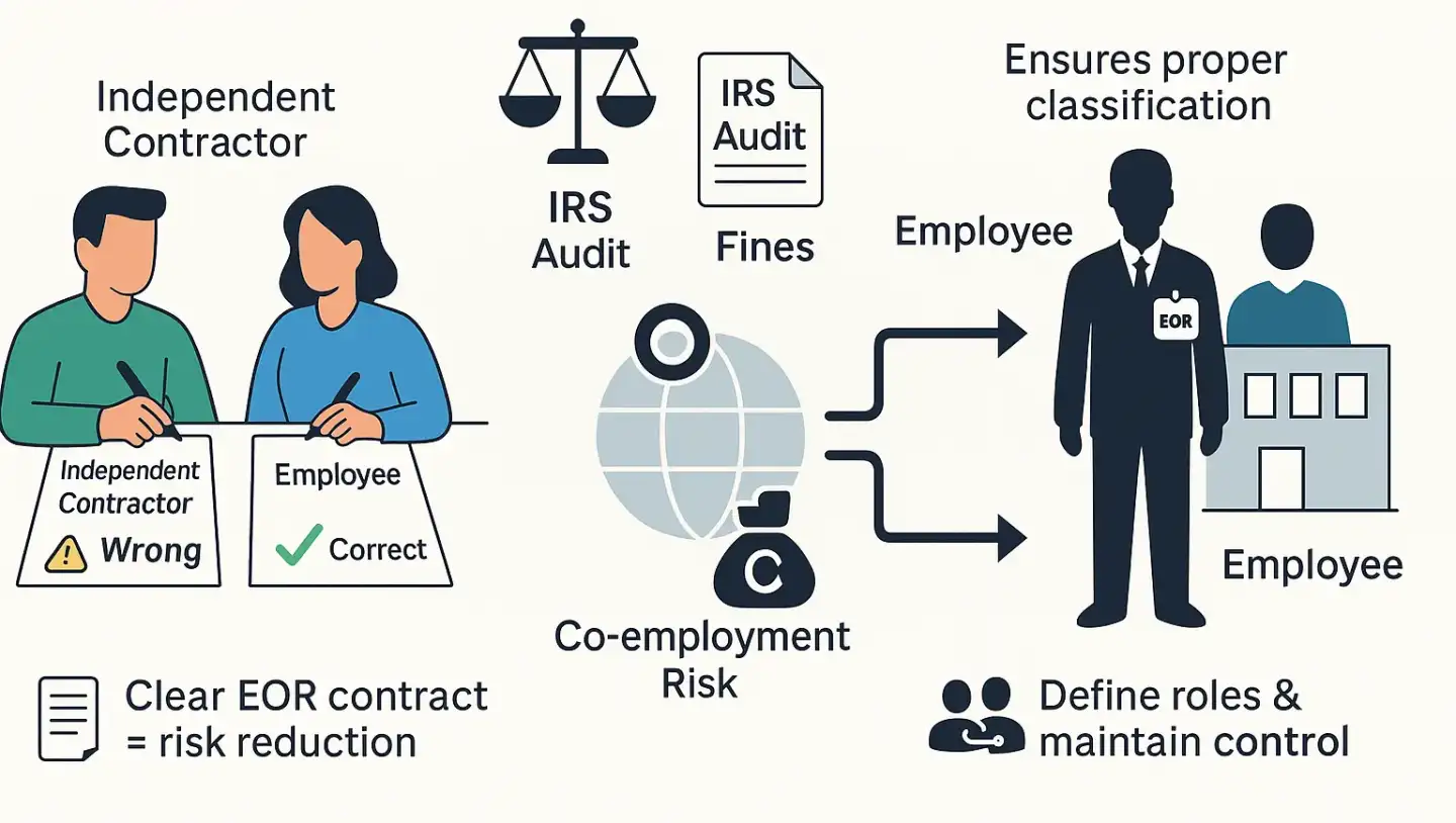 Infographic showing misclassification risks, co-employment issues, and how an EOR helps ensure legal worker classification and contract compliance.