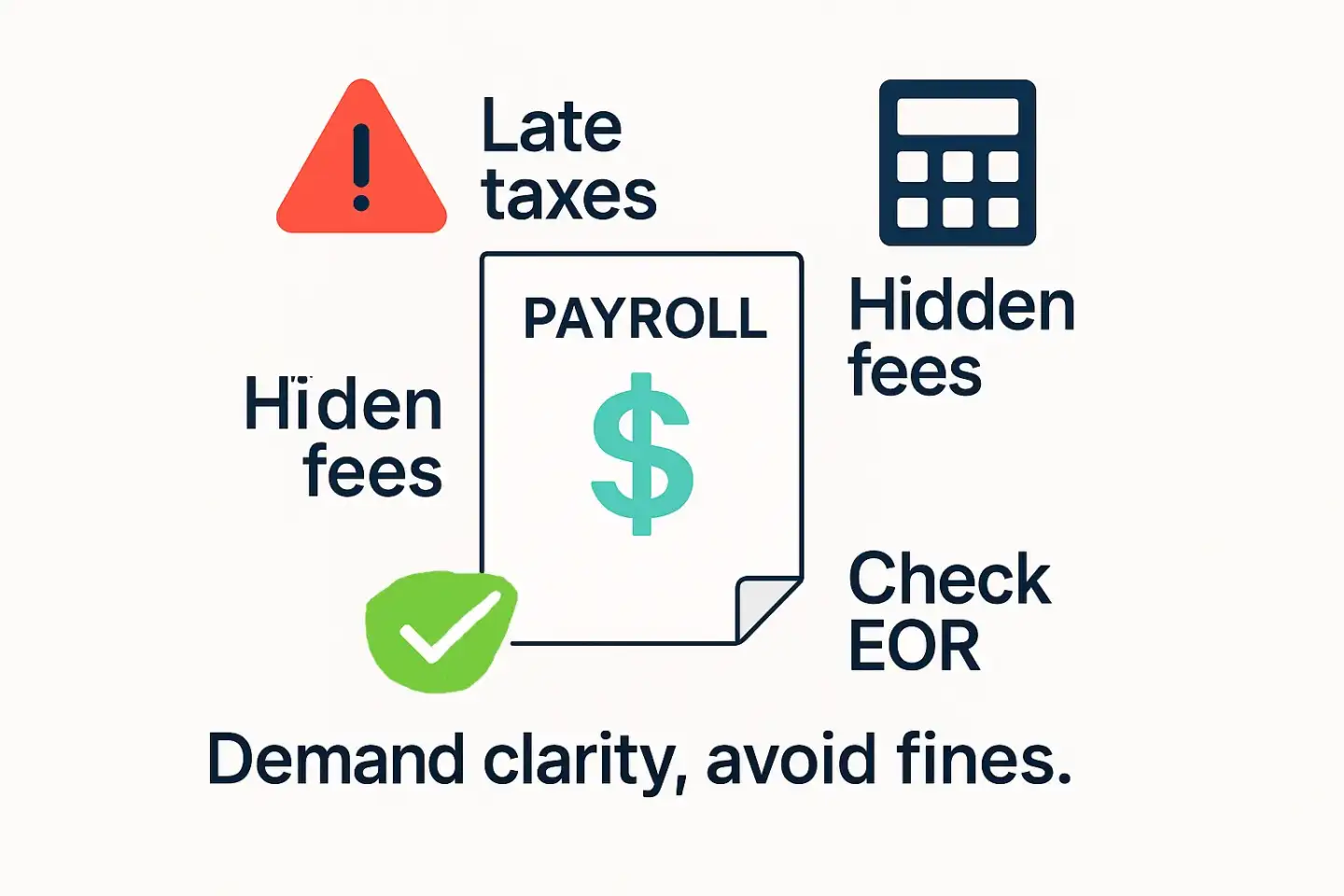 Simple graphic: payroll sheet with dollar sign, warning for late taxes, calculator for hidden fees, and checkmark urging to verify EOR.