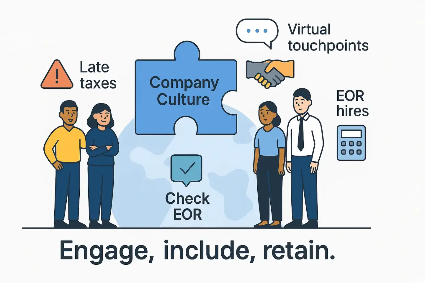 Flat illustration of in-house staff and EOR workers bridged by a handshake, puzzle piece of company culture, and caption "Engage, include, retain.