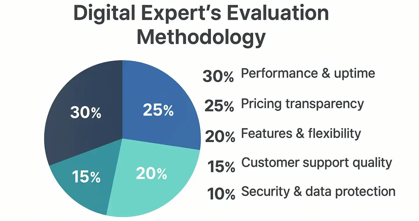 Infographic showing Digital Expert’s 2025 evaluation method for domain and hosting providers, including weighted factors: performance (30%), pricing transparency (25%), features (20%), support (15%), and security (10%).